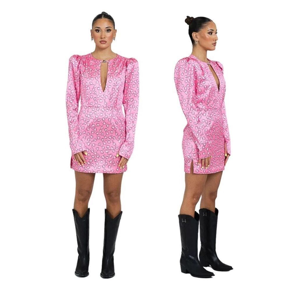 Rotate Birger Christensen Heart Print Satin Dress Pink Princess Coquette Size 6